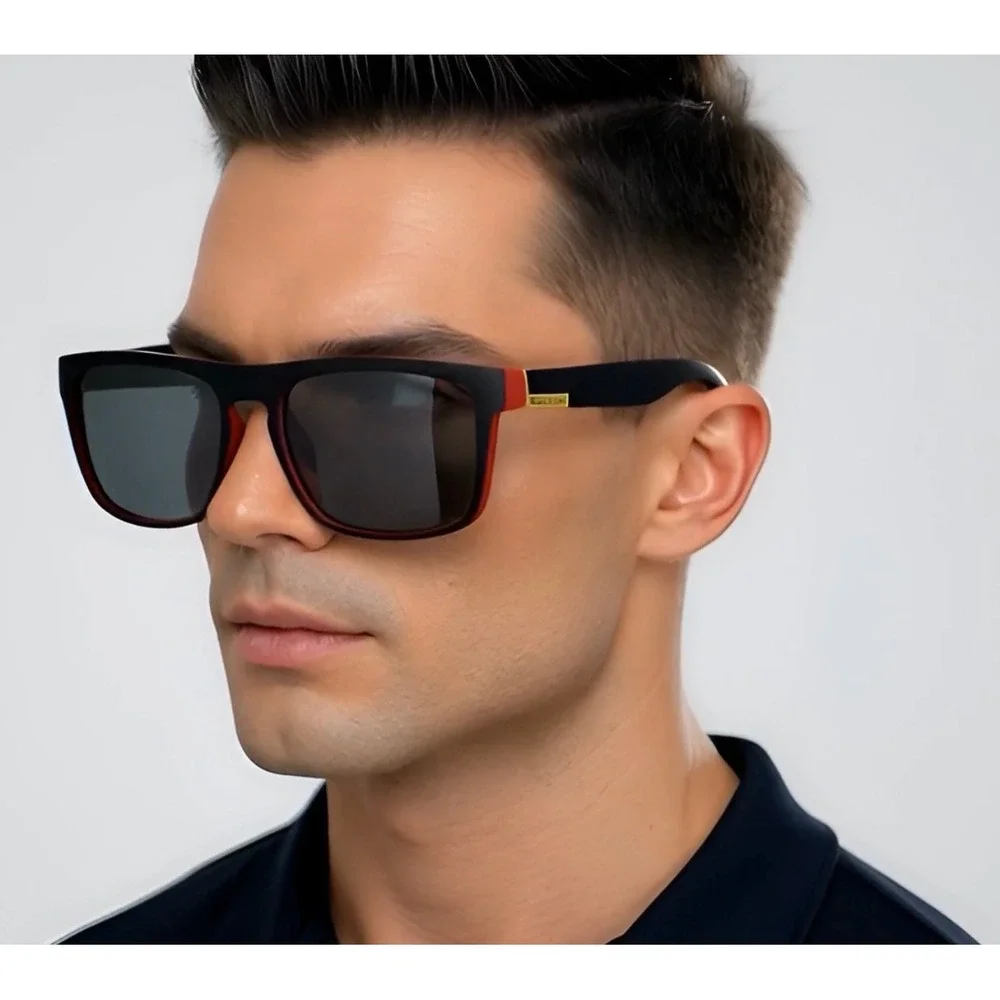 Mens Polarized Sunglasses Black Red Frame Sporty Style Wrap Around UV Protection